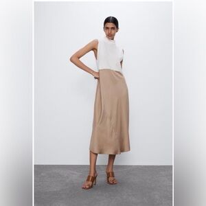 Zara Knit and Satin Dress White and Tan Size US M